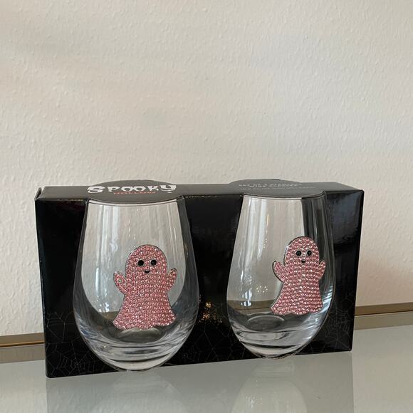 2pc Halloween GHOST Pink Crystal Rhinestone Stemless Wine Glass Set New - Picture 6 of 10